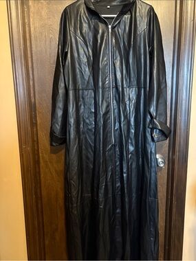 Long Black Faux Leather Zip-Front Duster Coat
